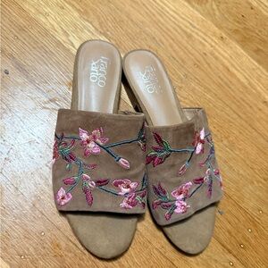 Franco Sarto Women's Brown Mules with Pink Floral Embroidery size 6.5
